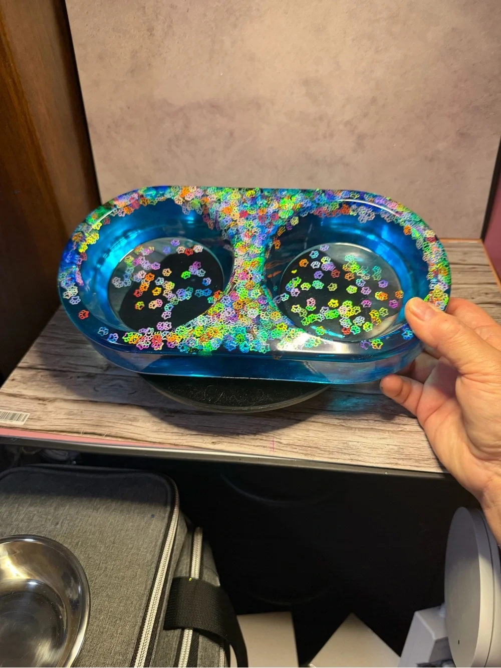 Double Stainless Steel Pet Bowl with Multicolor Sequin Resin Base